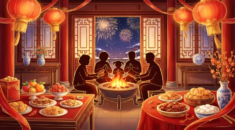 灯笼堂前合家守岁景