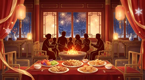 满桌年菜守岁夜话图