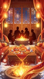 火光映堂围炉守岁图