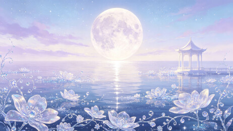 月夜花海湖面唯美梦幻风景插画