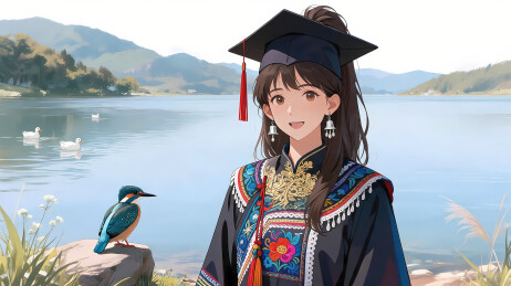 湖畔传统服饰女子与翠鸟白鸭同框自然场景
