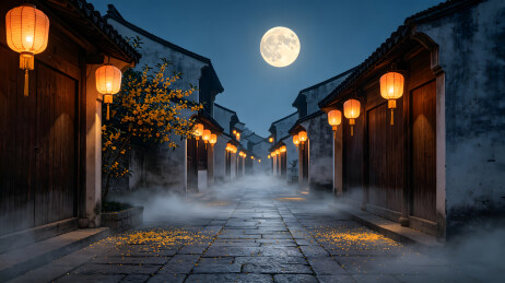 中式古街夜景插画