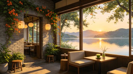 湖边咖啡馆，阳光洒落，景色宜人
