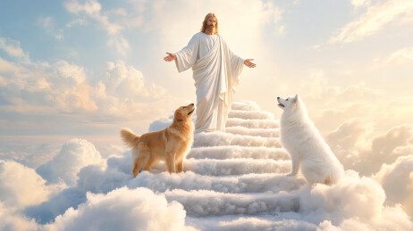 天国云端阶梯上的耶稣与两只犬