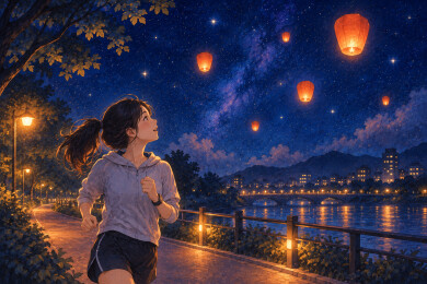 女子沿河夜跑仰望星空天灯