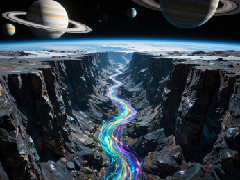 外星球峡谷中的彩虹河流与巨型行星