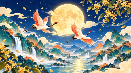 国潮插画之仙鹤与月