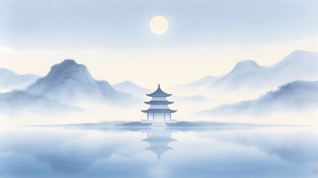 湖畔古塔云雾缭绕静谧画面