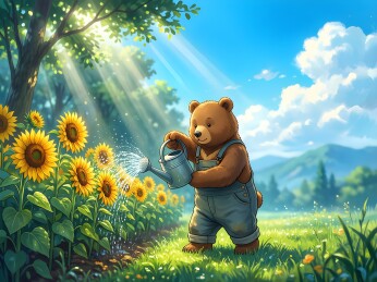 小熊园丁浇灌向日葵