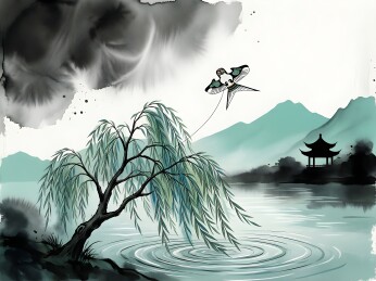水墨春景柳岸风筝图