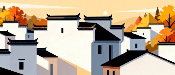 徽派古村秋日晨光插画 