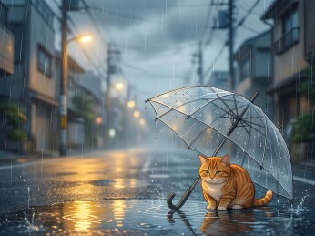 雨中伞下的橘猫