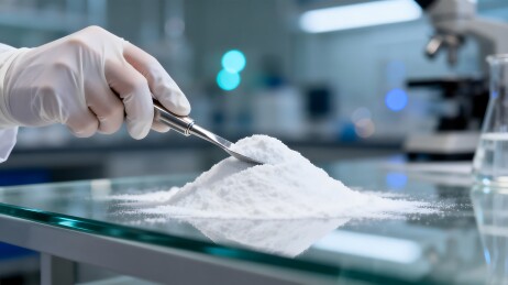 实验室手戴白手套用勺取白色粉末