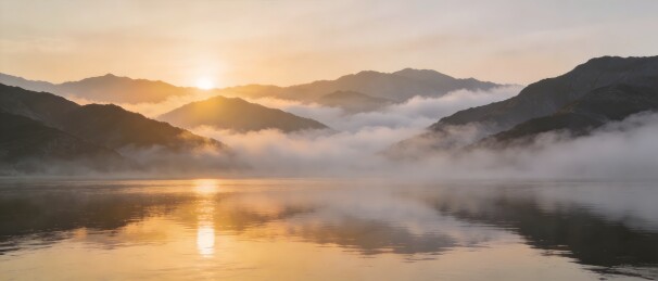 日出山峦云雾缭绕湖面倒影