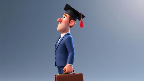 戴学士帽穿西装提公文包男子侧面