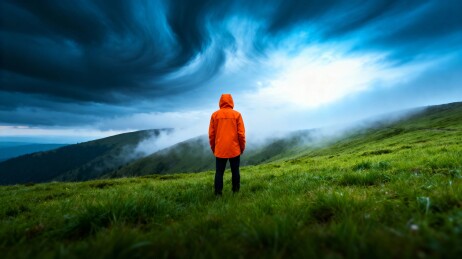 穿橙色雨衣的人站在绿草山坡上