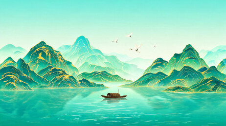 群峰横陈湖面开阔，乌篷船居中缓行