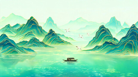 山峰圆润层叠如黛，水面光带闪烁