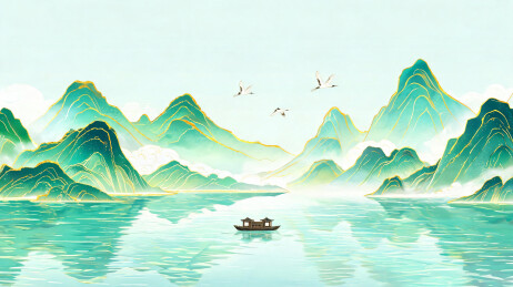 近景山体纹理细密，远景山影朦胧