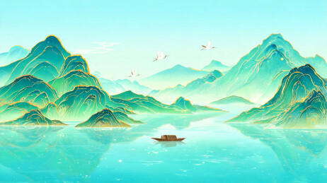 青绿山峦绵延不绝，水面波光粼粼