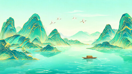 山峦环抱中央湖泊，近山点缀金色树影