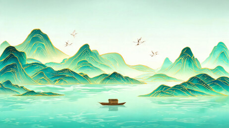 高耸青峰与层叠远山间扁舟悠然青绿插画