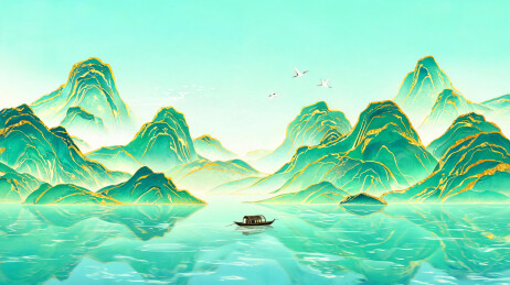 山影倒映对称构图的青绿山水扁平插画