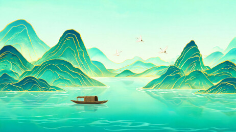 双峰夹江雾起孤舟的青绿山水插画