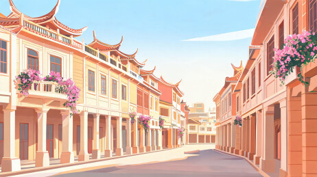 三角梅夹道的暖阳老街街景插画