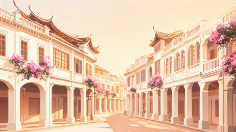 街路微弯的暖白骑楼清晨插画