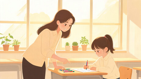 白衬衫老师站立指导，扎马尾的女孩认真画画