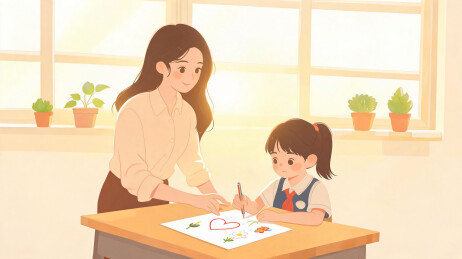 桌面彩色蜡笔排开，老师陪男孩一起描绘图画