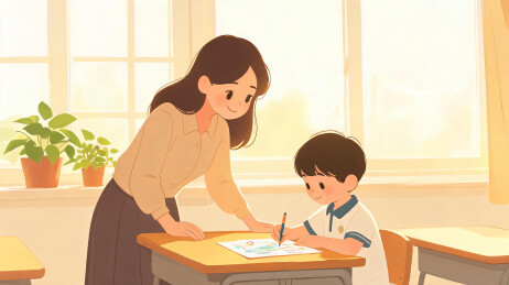 窗帘透进暖光，长发老师陪伴男孩安静画画