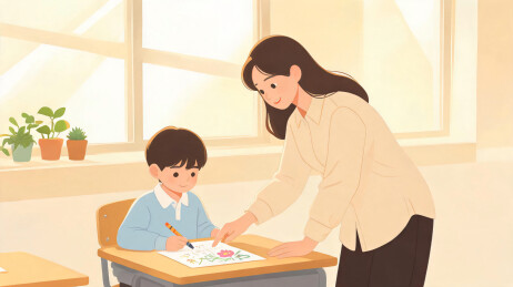 老师弯腰指点画纸，男孩执笔专注描绘