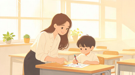 橙衣老师与男孩同桌，男孩双手各握一支蜡笔