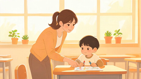老师弯腰指点画纸，男孩执蓝笔认真描绘