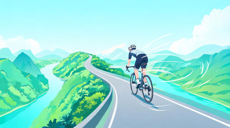 插画骑手转过发卡弯，层叠山峦河流相伴