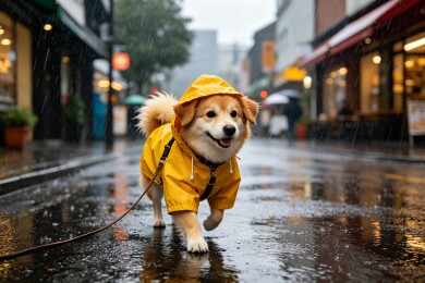 狗狗在雨中穿雨衣的场景