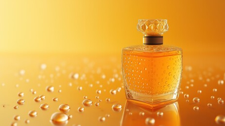 暖黄背景布满水珠方形香水瓶产品展示