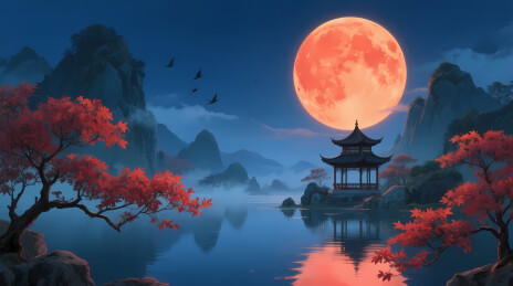 水中亭阁映月夜