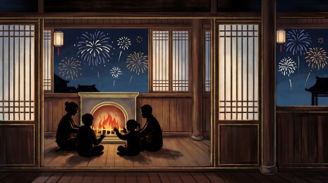室内围炉守岁烟花