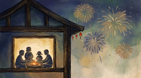 窗口一家人守岁