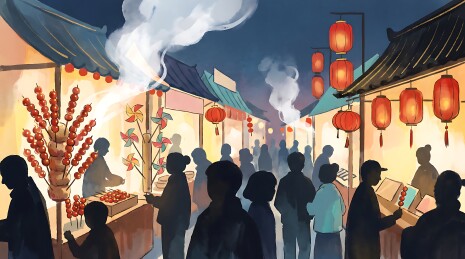 夜市串灯人群