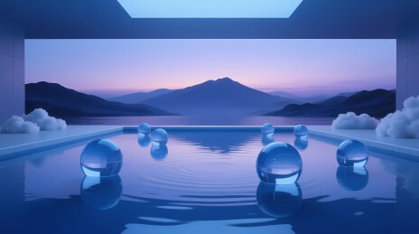 蓝色水球悬浮黄昏湖面