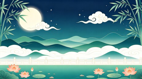 国风山水月夜荷花国潮插画