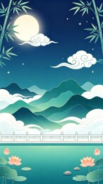 国风山水月夜荷花国潮插画