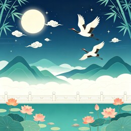 月夜山水仙鹤国潮插画