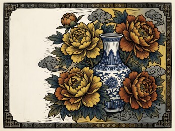 传统版画风格青花牡丹平安富贵图