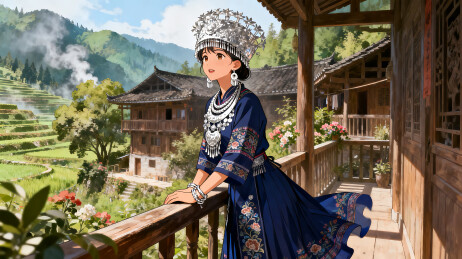 少数苗族美女田园风光插画