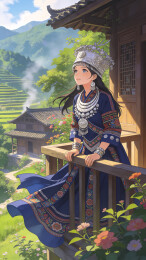 少数苗族美女田园风光插画